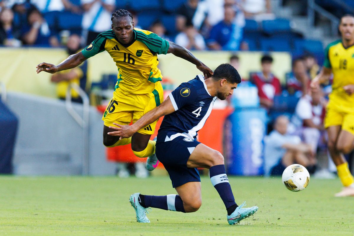 Jose Pinto #4 of Guatemala and W. Brown #16 of Jamaica battle for the ball during the Group Stage - Group C match as part of the 2025 CONCACAF Gold Cup at Dignity Health Sports Park on June 16, 2025 in Carson, California.