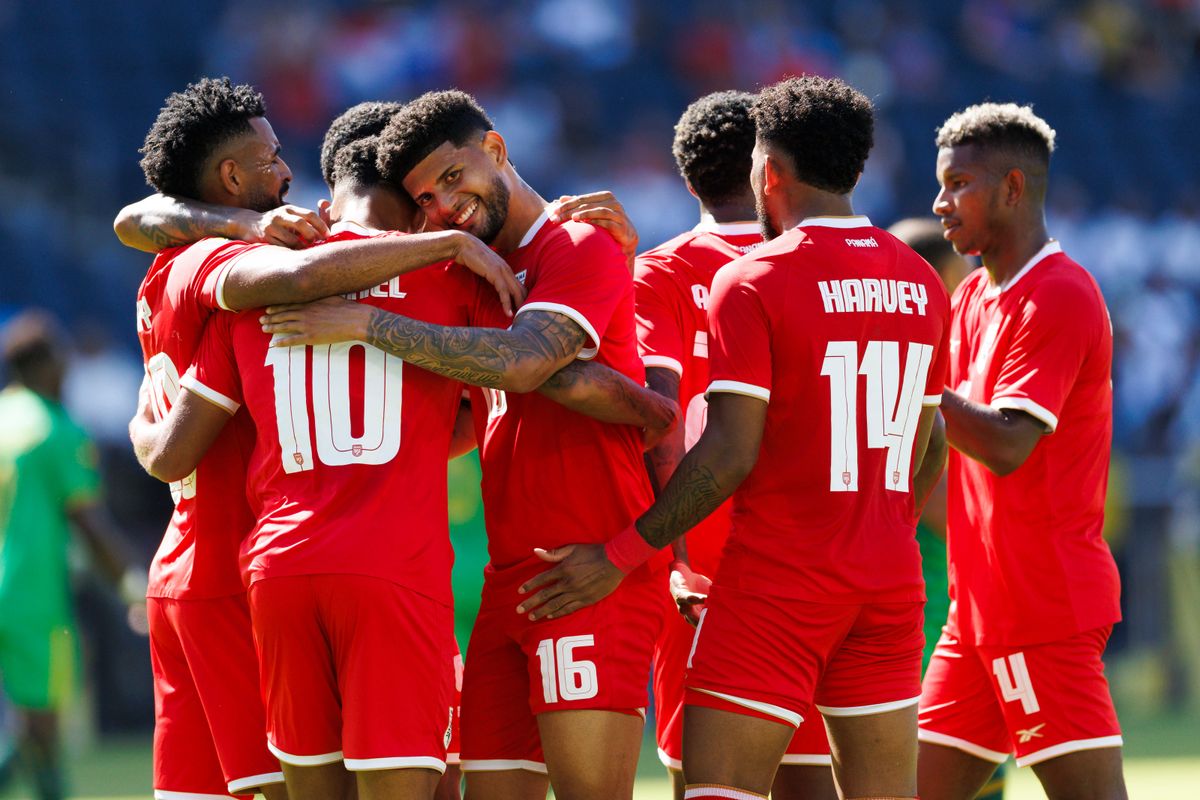 Panama midfielder Carlos Harvey #14 celebrates with Panama forward Ismael Díaz #10 and Panama midfielder Andrés Andrade #16 during the Group Stage - Group C match against Guadeloupe as part of the 2025 CONCACAF Gold Cup at Dignity Health Sports Park on June 16, 2025 in Carson, California.