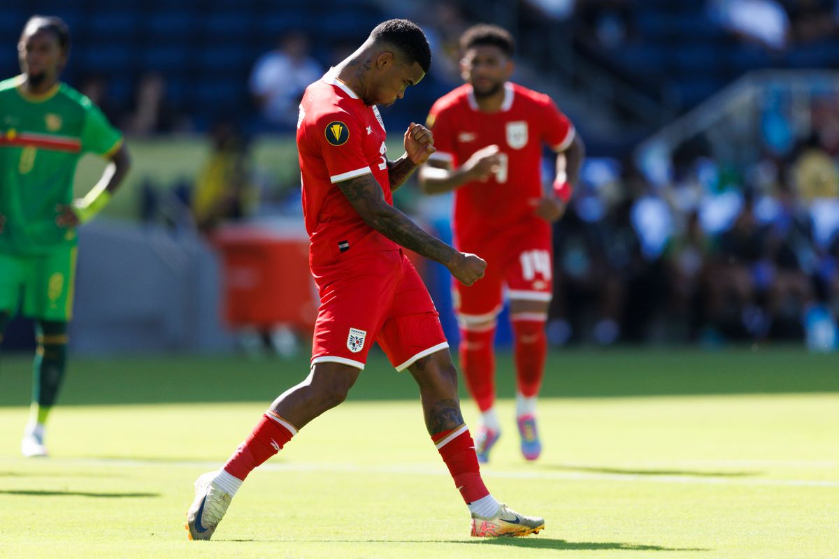 Panama forward Eduardo Guerrero #9 celebrates his goal during the Group Stage - Group C match against Guadeloupe as part of the 2025 CONCACAF Gold Cup at Dignity Health Sports Park on June 16, 2025 in Carson, California. 