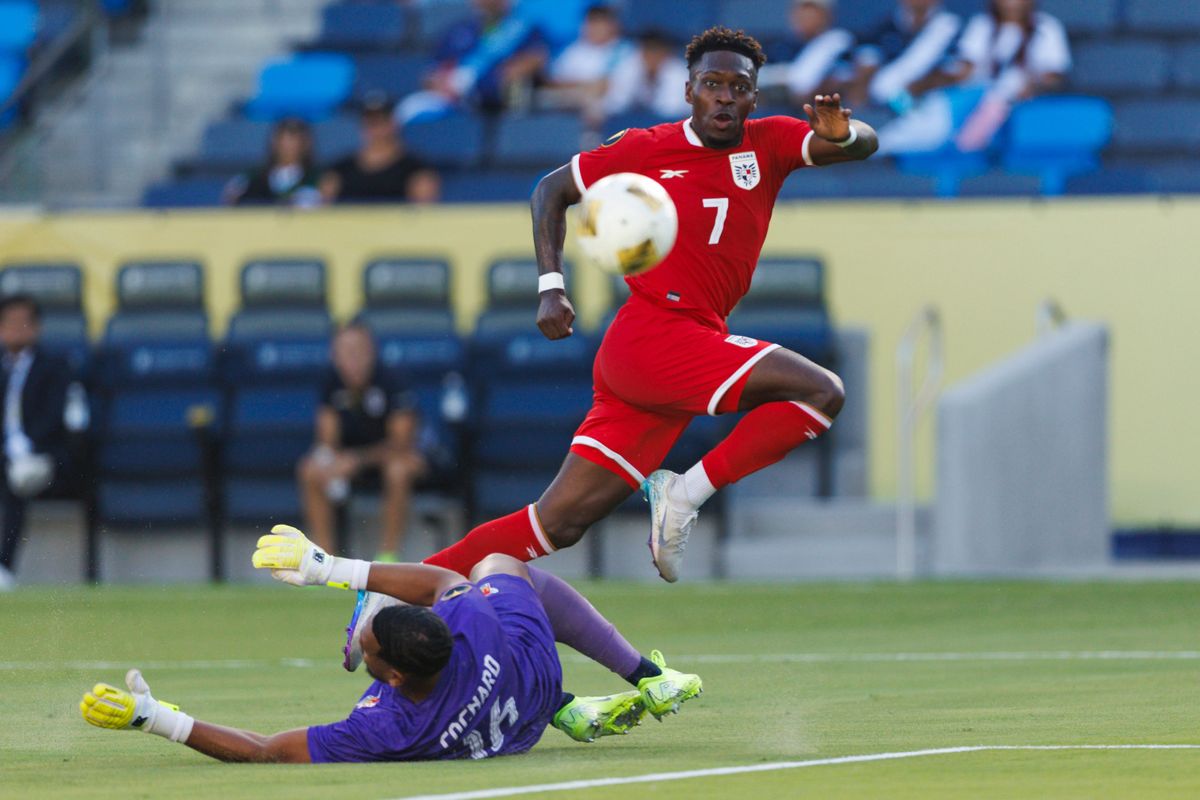 Guadeloupe goalkeeper Brice Cognard #16 blocks Panama forward José Rodríguez #7 shot during the Group Stage - Group C match as part of the 2025 CONCACAF Gold Cup at Dignity Health Sports Park on June 16, 2025 in Carson, California. 