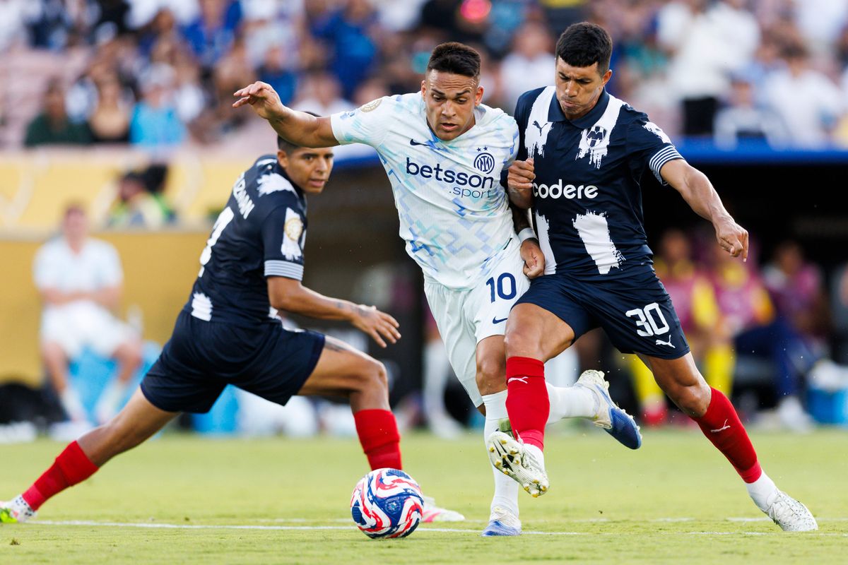 Lautaro Martinez #10 of Milan and Jorge Rodríguez #30 of Monterrey battle for the ball during the FIFA Club World Cup 2025 group B match at Rose Bowl Stadium on June 17, 2025 in Pasadena, California. Lautaro Martinez #10 of Milan and Jorge Rodríguez #30 of Monterrey battle for the ball during the FIFA Club World Cup 2025 group B match at Rose Bowl Stadium on June 17, 2025 in Pasadena, California.