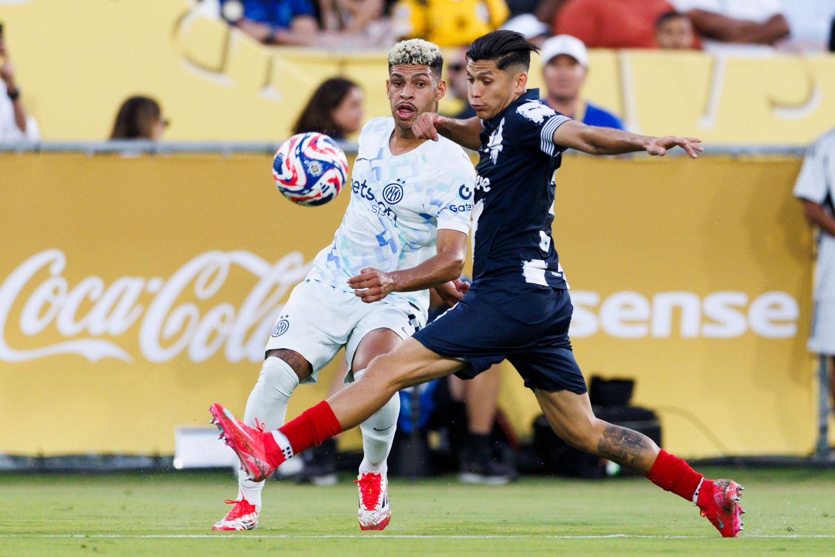 Luis Henrique #11 of Milan kicks the ball against Gerardo Arteaga #3 of Monterrey during the FIFA Club World Cup 2025 group B match at Rose Bowl Stadium on June 17, 2025 in Pasadena, California. Luis Henrique #11 of Milan kicks the ball against Gerardo Arteaga #3 of Monterrey during the FIFA Club World Cup 2025 group B match at Rose Bowl Stadium on June 17, 2025 in Pasadena, California.