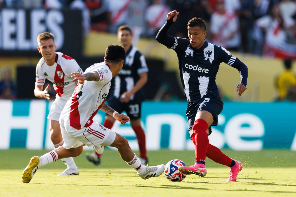 Kevin Castano #22 of River Plate battles for the ball during the FIFA Club World Cup 2025 group match against Monterrey at Rose Bowl Stadium on June 21, 2025 in Pasadena, California. Kevin Castano #22 of River Plate battles for the ball during the FIFA Club World Cup 2025 group match against Monterrey at Rose Bowl Stadium on June 21, 2025 in Pasadena, California.