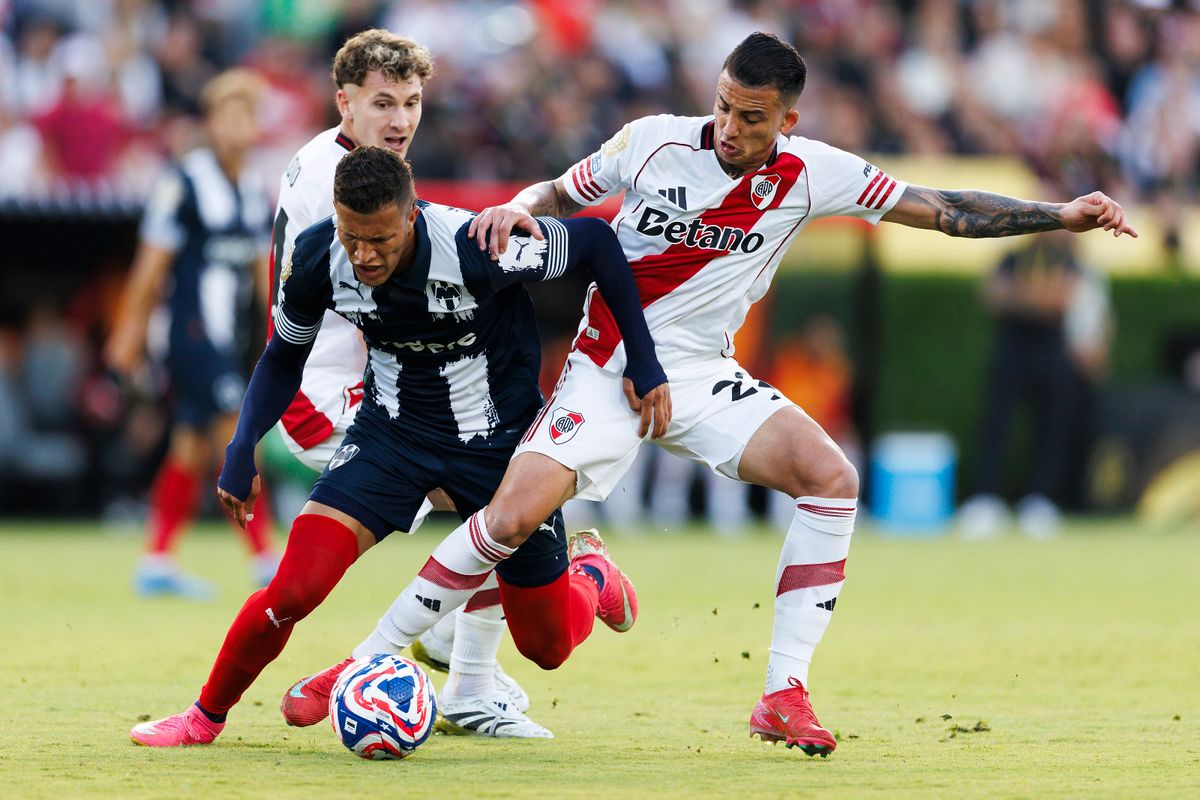 Kevin Castano #22 of River Plate battles for the ball during the FIFA Club World Cup 2025 group match against Monterrey at Rose Bowl Stadium on June 21, 2025 in Pasadena, California. Kevin Castano #22 of River Plate battles for the ball during the FIFA Club World Cup 2025 group match against Monterrey at Rose Bowl Stadium on June 21, 2025 in Pasadena, California.
