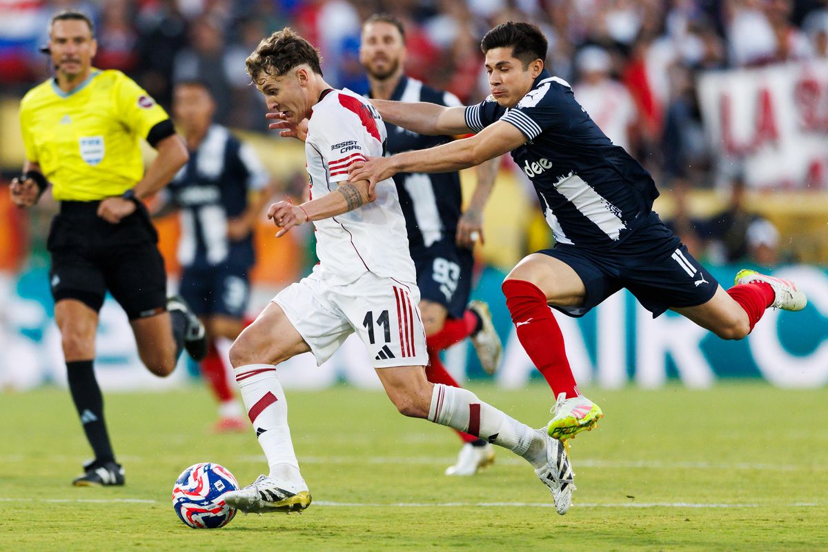 Alfonso Alvarado #11 of Monterrey grabs Facundo Colidio #11 of River Plate during the FIFA Club World Cup 2025 group match at Rose Bowl Stadium on June 21, 2025 in Pasadena, California. Alfonso Alvarado #11 of Monterrey grabs Facundo Colidio #11 of River Plate during the FIFA Club World Cup 2025 group match at Rose Bowl Stadium on June 21, 2025 in Pasadena, California.