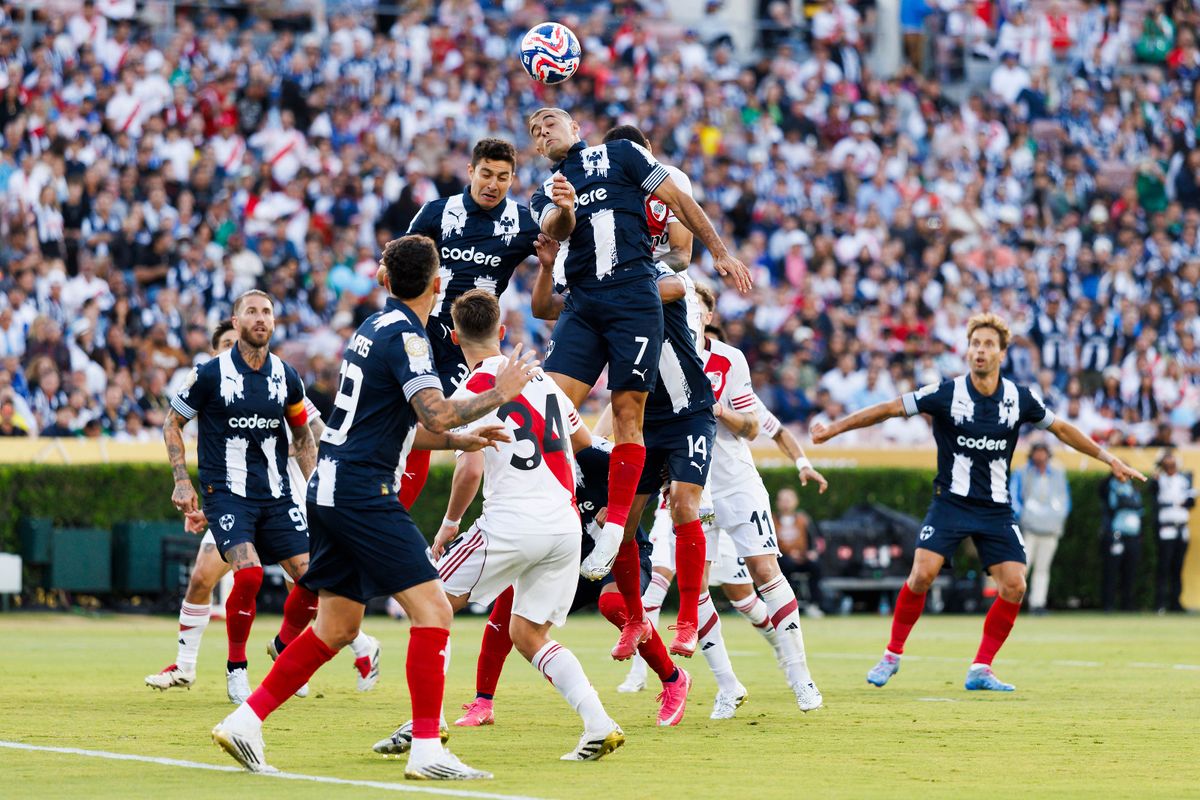 Germán Berterame #7 of Monterrey heads the ball during the FIFA Club World Cup 2025 group match against River Plate at Rose Bowl Stadium on June 21, 2025 in Pasadena, California Germán Berterame #7 of Monterrey heads the ball during the FIFA Club World Cup 2025 group match against River Plate at Rose Bowl Stadium on June 21, 2025 in Pasadena, California