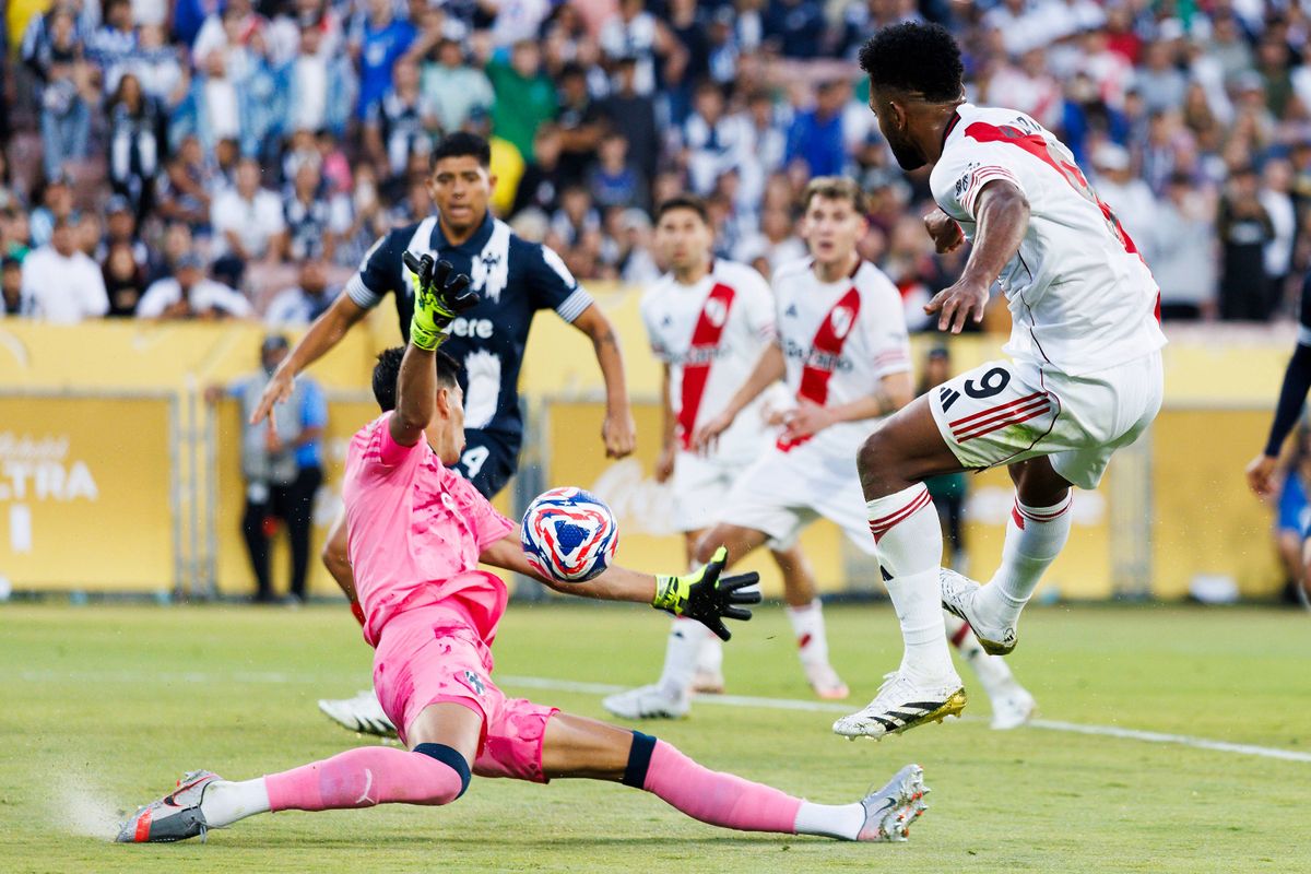 Esteban Andrada #1 of Monterrey makes a save against Miguel Borja #9 of River Plate during the FIFA Club World Cup 2025 group match at Rose Bowl Stadium on June 21, 2025 in Pasadena, California Esteban Andrada #1 of Monterrey makes a save against Miguel Borja #9 of River Plate during the FIFA Club World Cup 2025 group match at Rose Bowl Stadium on June 21, 2025 in Pasadena, California