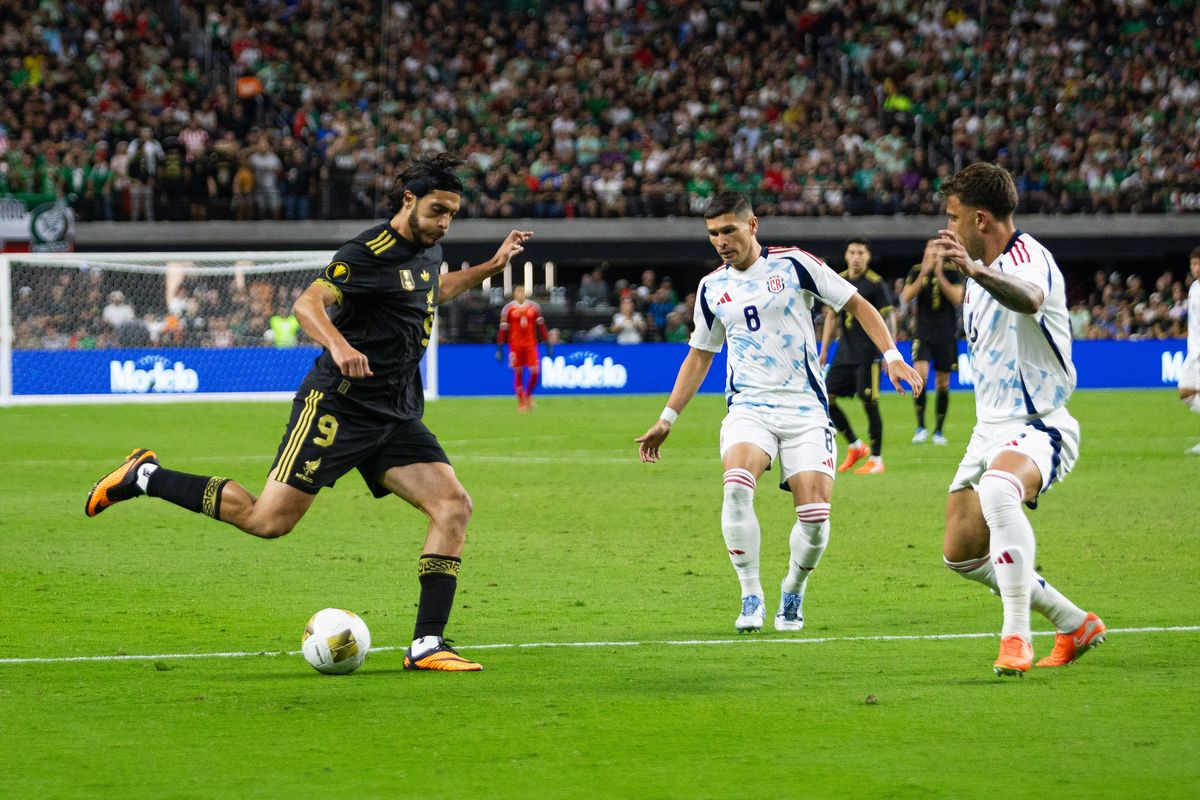 Mexico forward Raul Jimenez (9) looks to shoot the ball during a Concacaf Gold Cup match between Mexico and Costa Rica, Sunday June 22, 2025 in Las Vegas, Nev.