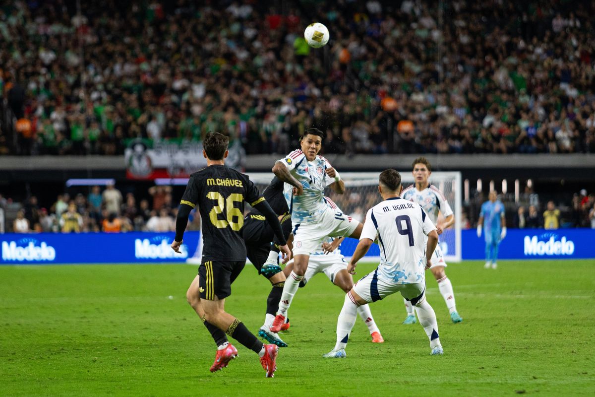 Costa Rica midfielder Orlando Galo (14) heads the ball towards the goal during a Concacaf Gold Cup match between Mexico and Costa Rica, Sunday June 22, 2025 in Las Vegas, Nev.