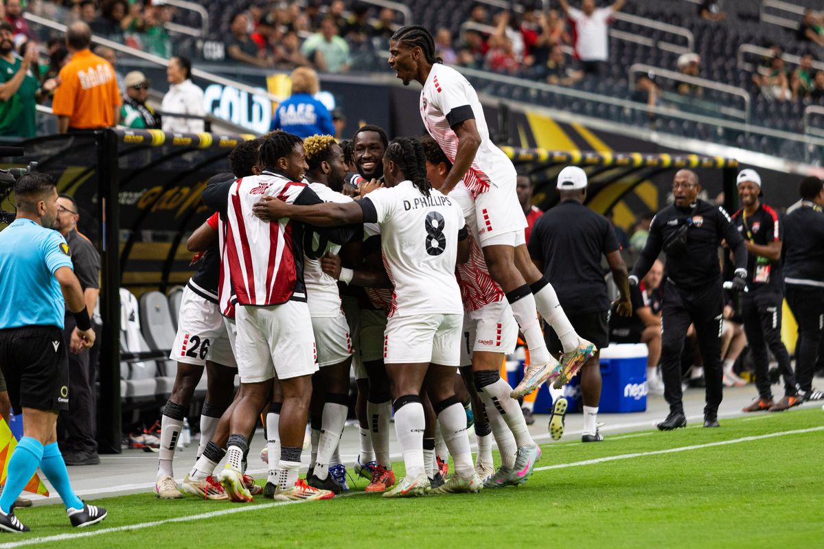 Trinidad and Tobago men’s soccer team celebrates after scoring a goal during a Concacaf Gold Cup match between Saudi Arabia and Trinidad and Tobago, Sunday June 22, 2025 in Las Vegas, Nev.