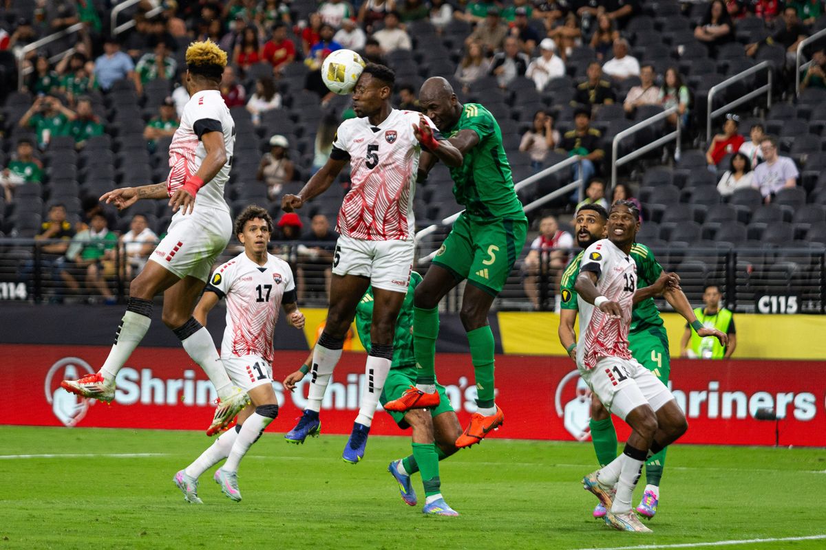 Trinidad and Tobago defender Justin Garcia (5) looks to head the ball into the goal after a corner kick cross during a Concacaf Gold Cup match between Saudi Arabia and Trinidad and Tobago, Sunday June 22, 2025 in Las Vegas, Nev.
