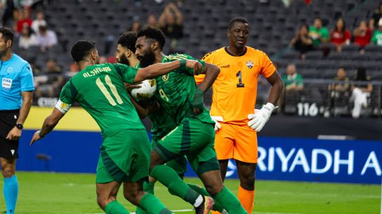Saudi Arabia players celebrate after scoring a game-tying goal during a Concacaf Gold Cup match between Saudi Arabia and Trinidad and Tobago, Sunday June 22, 2025 in Las Vegas, Nev.