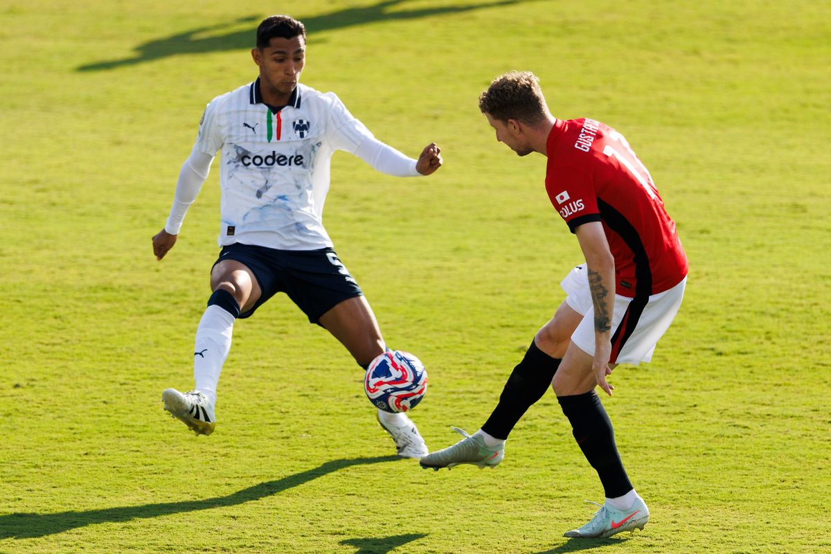Fidel Ambríz #5 of Monterrey defends during the FIFA Club World Cup 2025 group E match against Urawa Red Diamonds at Rose Bowl Stadium on June 25, 2025 in Pasadena, California.