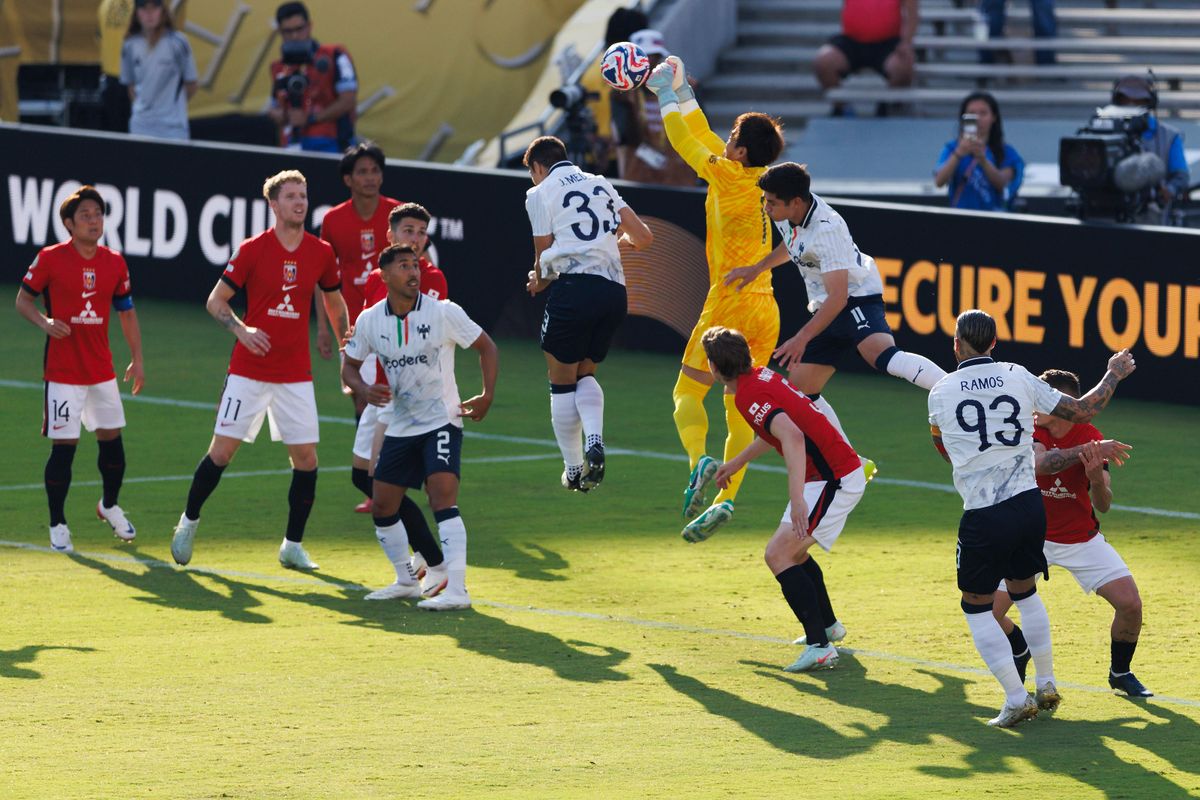 Shusaku Nishikawa #1 of the Urawa Red Diamond makes a save during the FIFA Club World Cup 2025 group E match against Monterrey at Rose Bowl Stadium on June 25, 2025 in Pasadena, California.