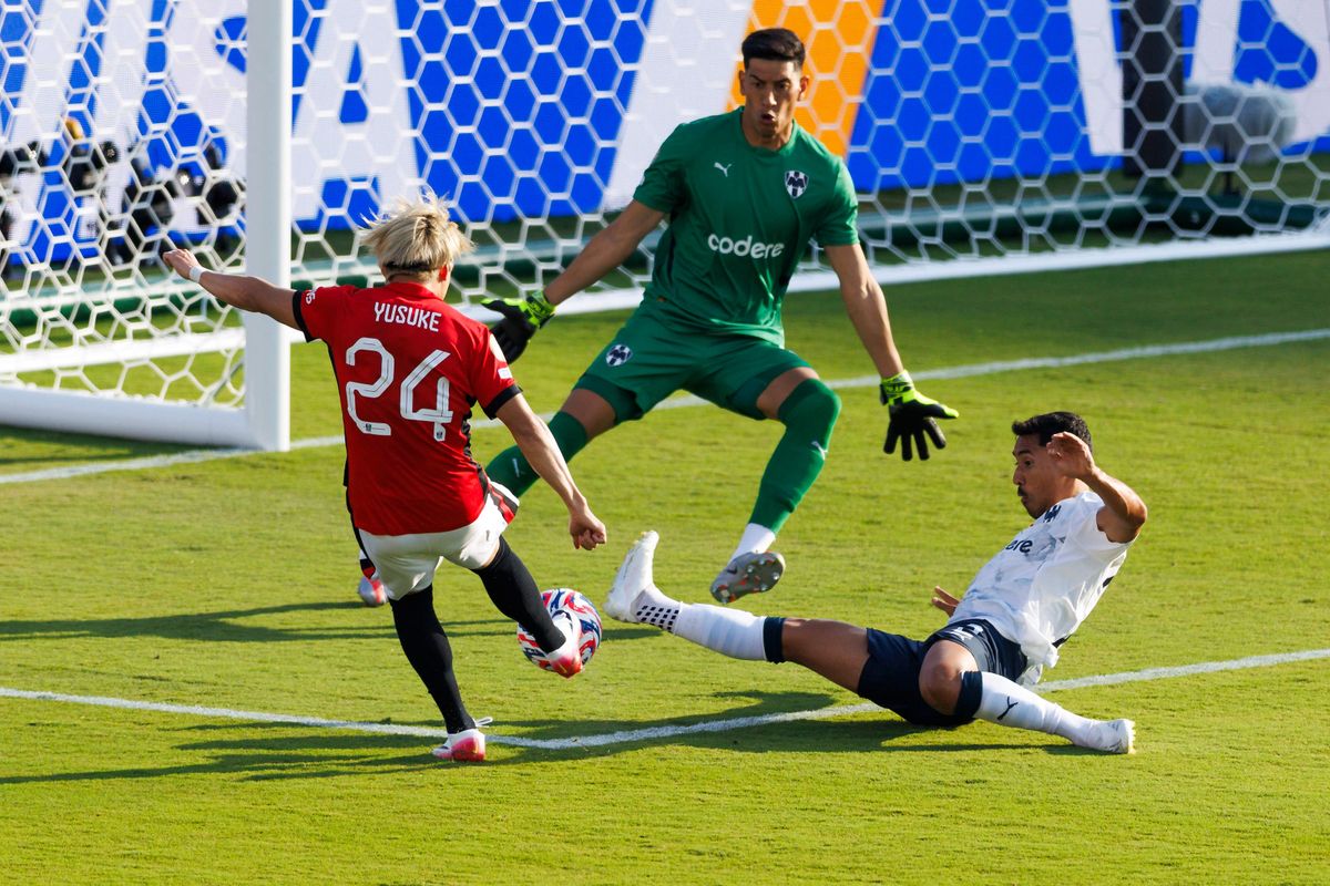 Yusuke Matsuo #24 of the Red Diamonds kicks the ball during the FIFA Club World Cup 2025 group E match against Monterrey at Rose Bowl Stadium on June 25, 2025 in Pasadena, California. 