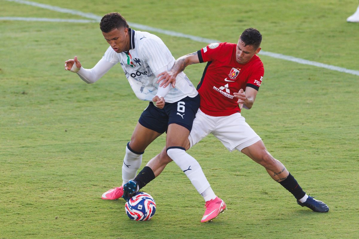 Nelson Deossa #6 of Monterrey battles for the ball during the FIFA Club World Cup 2025 group E match against Urawa Red Diamonds at Rose Bowl Stadium on June 25, 2025 in Pasadena, California.