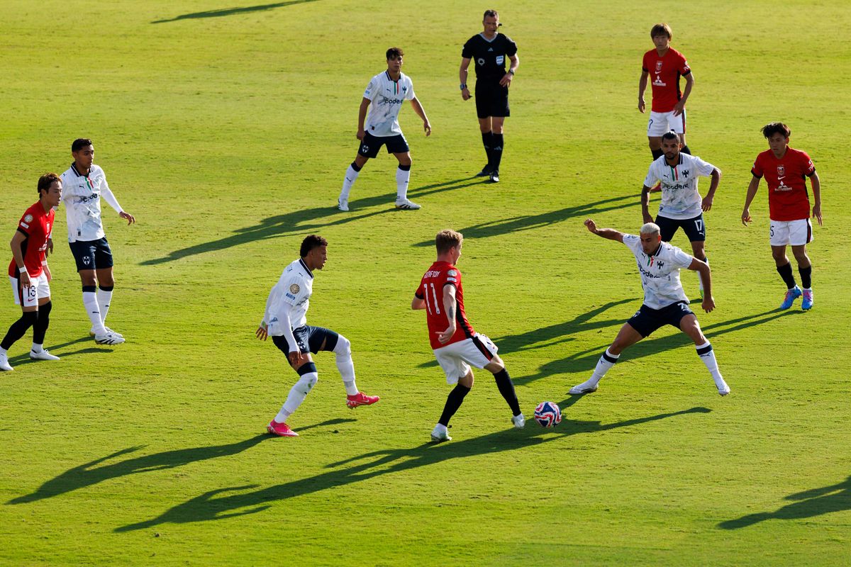 Samuel Gustafson #11 of the Red Diamonds kicks the ball during the FIFA Club World Cup 2025 group E match against Monterrey at Rose Bowl Stadium on June 25, 2025 in Pasadena, California.