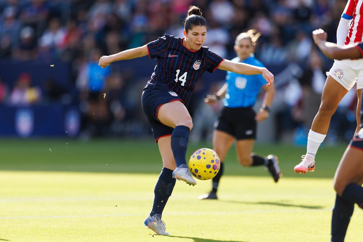 Izzy Rodriguez #13 of USWNT kicks the ball during the game against Paraguay at Dignity Health Sports Park on January 24, 2026 in Carson, California. 