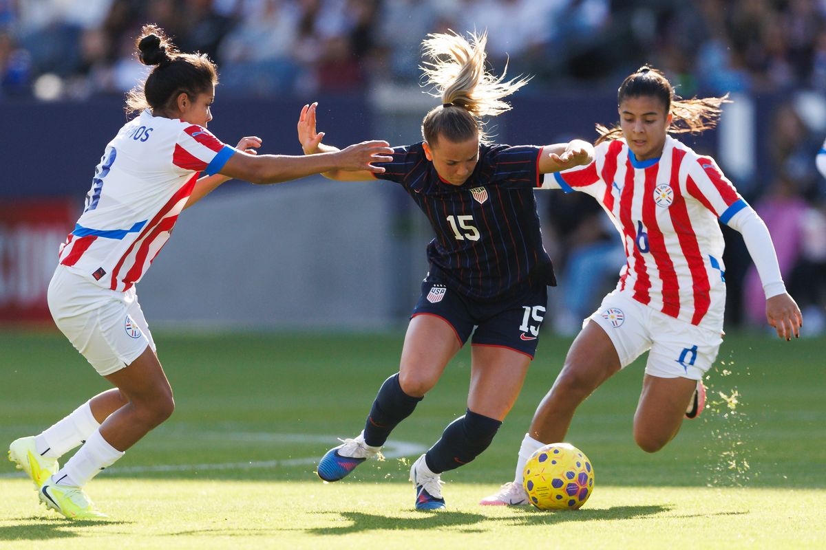 Claire Hutton #15 of USWNT battles for control during the game against Paraguay at Dignity Health Sports Park on January 24, 2026 in Carson, California. 
