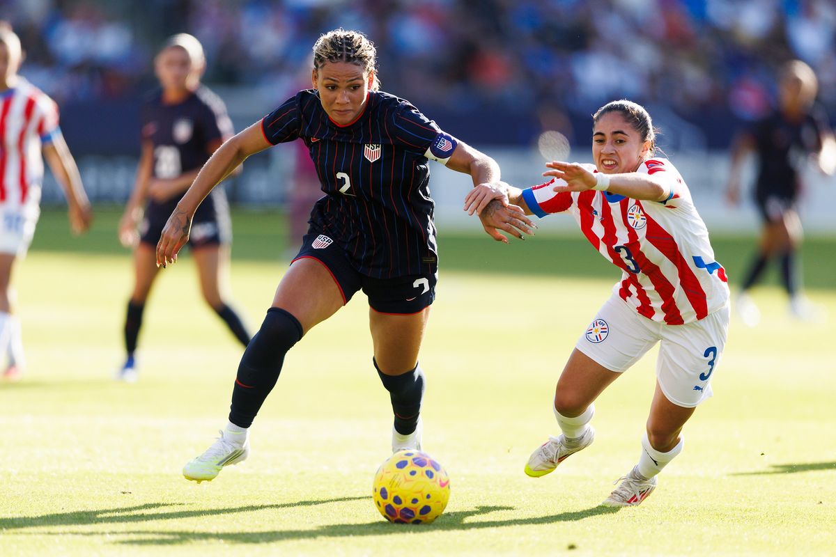 Trinity Rodman #2 of USWNT dribbles the ball during the game against Paraguay at Dignity Health Sports Park on January 24, 2026 in Carson, California. 