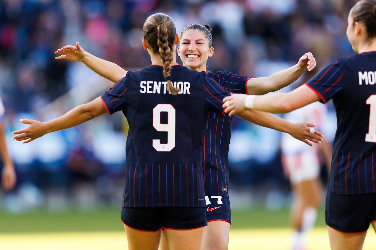 Ally Sentnor #9 of USWNT celebrates her goal during the game against Paraguay at Dignity Health Sports Park on January 24, 2026 in Carson, California. 
