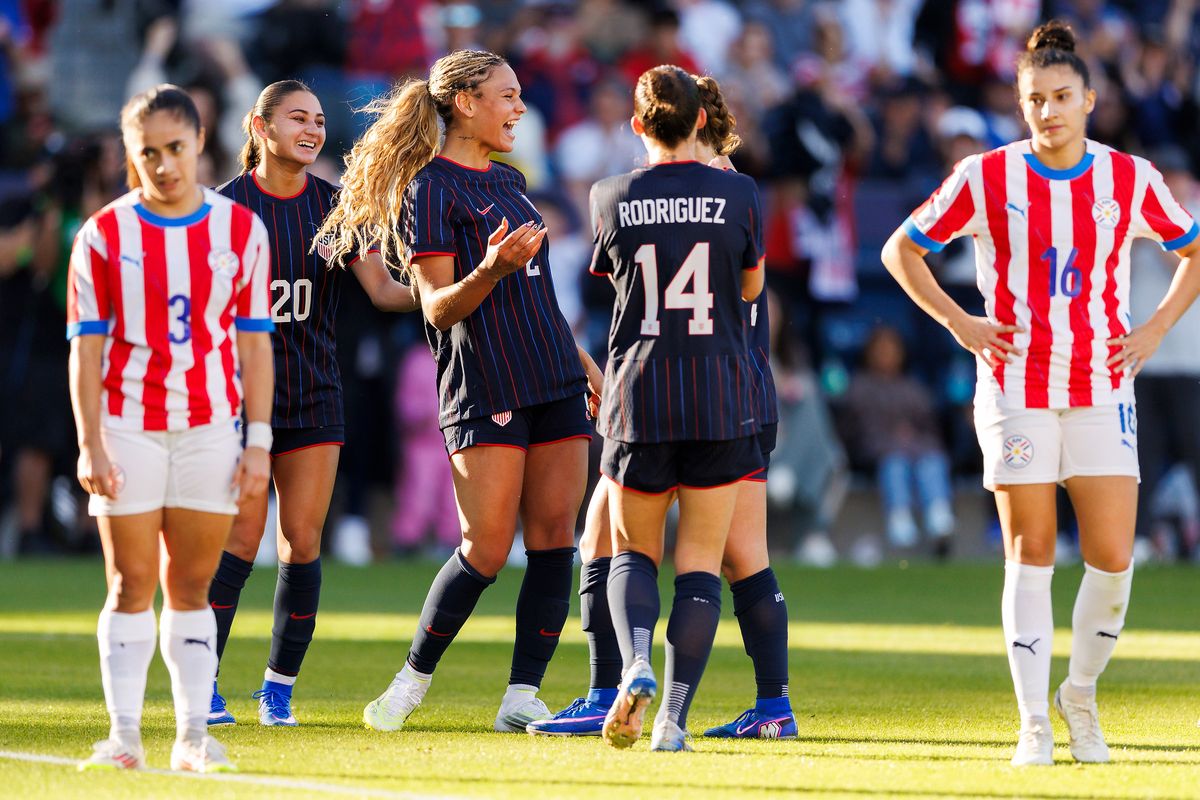 Trinity Rodman #2 of USWNT celebrates her goal during the game against Paraguay at Dignity Health Sports Park on January 24, 2026 in Carson, California. 