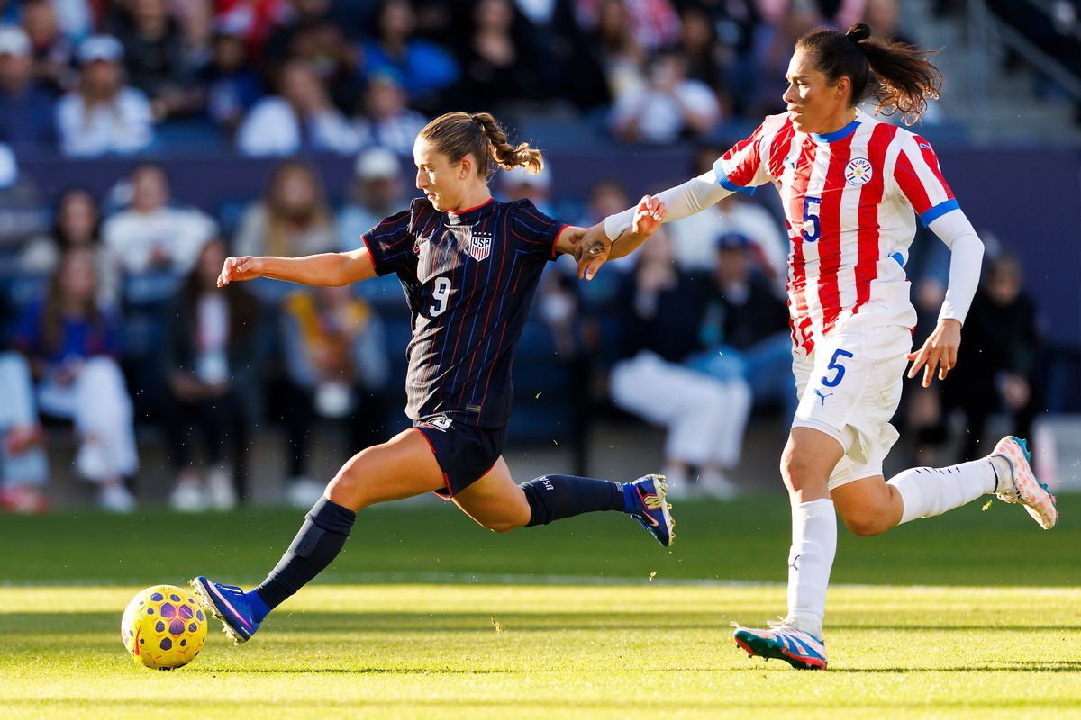 Ally Sentnor #9 of USWNT scores a goal during the game against Paraguay at Dignity Health Sports Park on January 24, 2026 in Carson, California.  