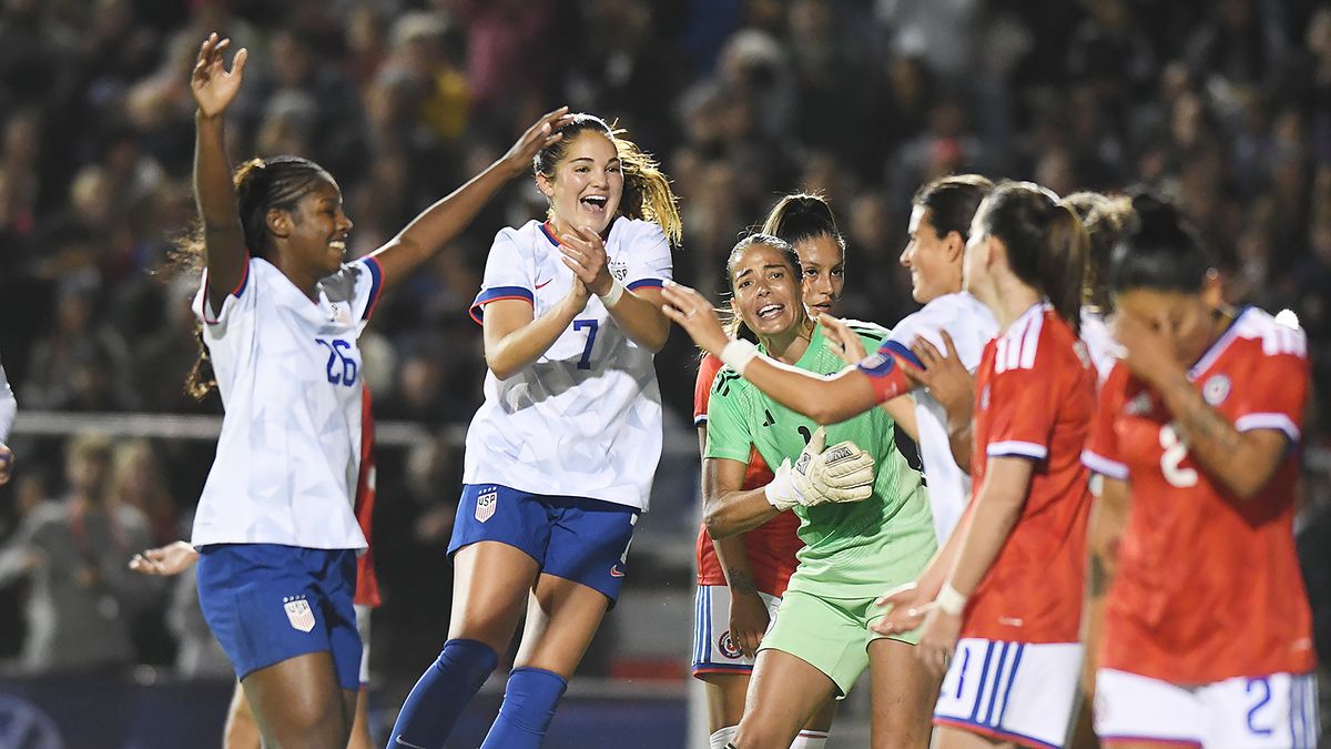 Emily Sams #6 of the United States celebrates after scoring a goal during the international friendly match between Chile Women’s national team and the United States of America Women’s national team at Harder Stadium on January 27, 2026 in Santa Barbara, California. USA defeated Chile 5-0.