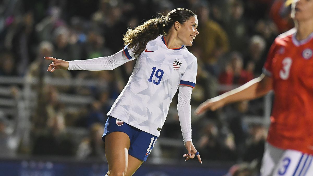 Emma Sears #19 of the United States celebrates after scoring a goal during the international friendly match between Chile Women’s national team and the United States of America Women’s national team at Harder Stadium on January 27, 2026 in Santa Barbara, California. USA defeated Chile 5-0.