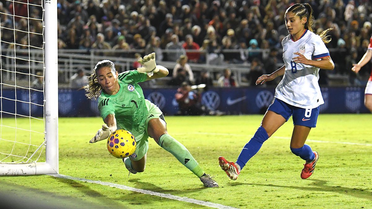 Chilean goalkeeper Ryann Torrero defends a shot attempt during the international friendly match between Chile Women’s national team and the United States of America Women’s national team at Harder Stadium on January 27, 2026 in Santa Barbara, California. USA defeated Chile 5-0.