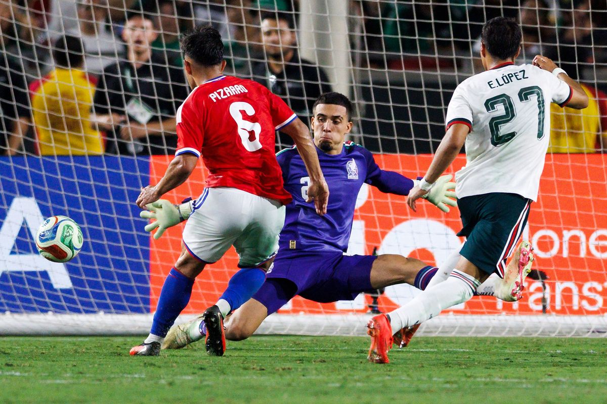 Vicente Pizarro #6 of Chile scores against Mexico during the match at Los Angeles Memorial Coliseum on October 6, 2026 in Los Angeles, California.