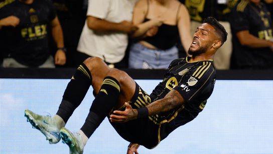 LAFC Forward Denis Bouanga (99) in mid-air after his signature forward flip after scoring a goal in Leagues Cup semifinal match against Colorado Rapids, Wednesday, August 21, 2024 in Los Angeles, CA. (Henry Tran - The Sporting Tribune)