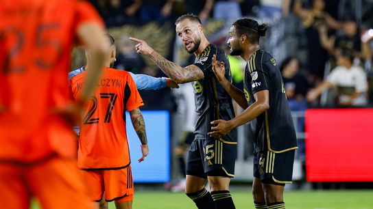 LAFC Defender Maxime Chanot (25) shouts at opponent after a hard foul during match against Houston Dynamo on Saturday, August 31, 2024 in Los Angeles, CA. (Henry Tran - The Sporting Tribune)