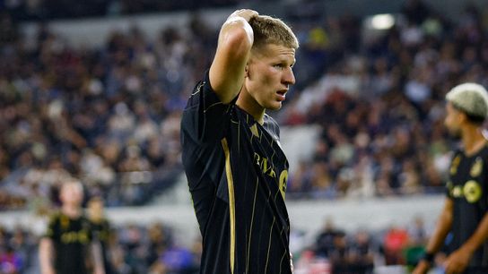 LAFC Midfielder Mateus Bogusz (19) stunned after a missed foul call during match against Houston Dynamo on Saturday, August 31, 2024 in Los Angeles, CA. (Henry Tran - The Sporting Tribune)