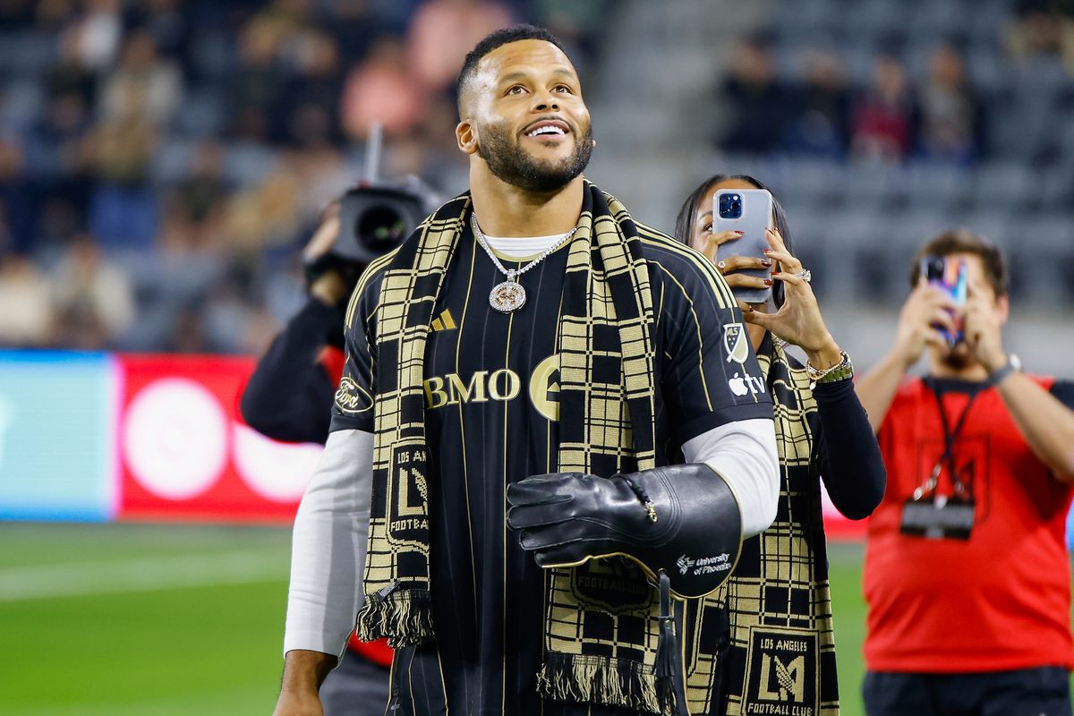 LA Rams legend and former defensive lineman Aaron Donald (99) was the ceremonial falconer before uring match against the Vancouver Whitecaps FC on Friday, November 8, 2024 in Los Angeles, CA. 