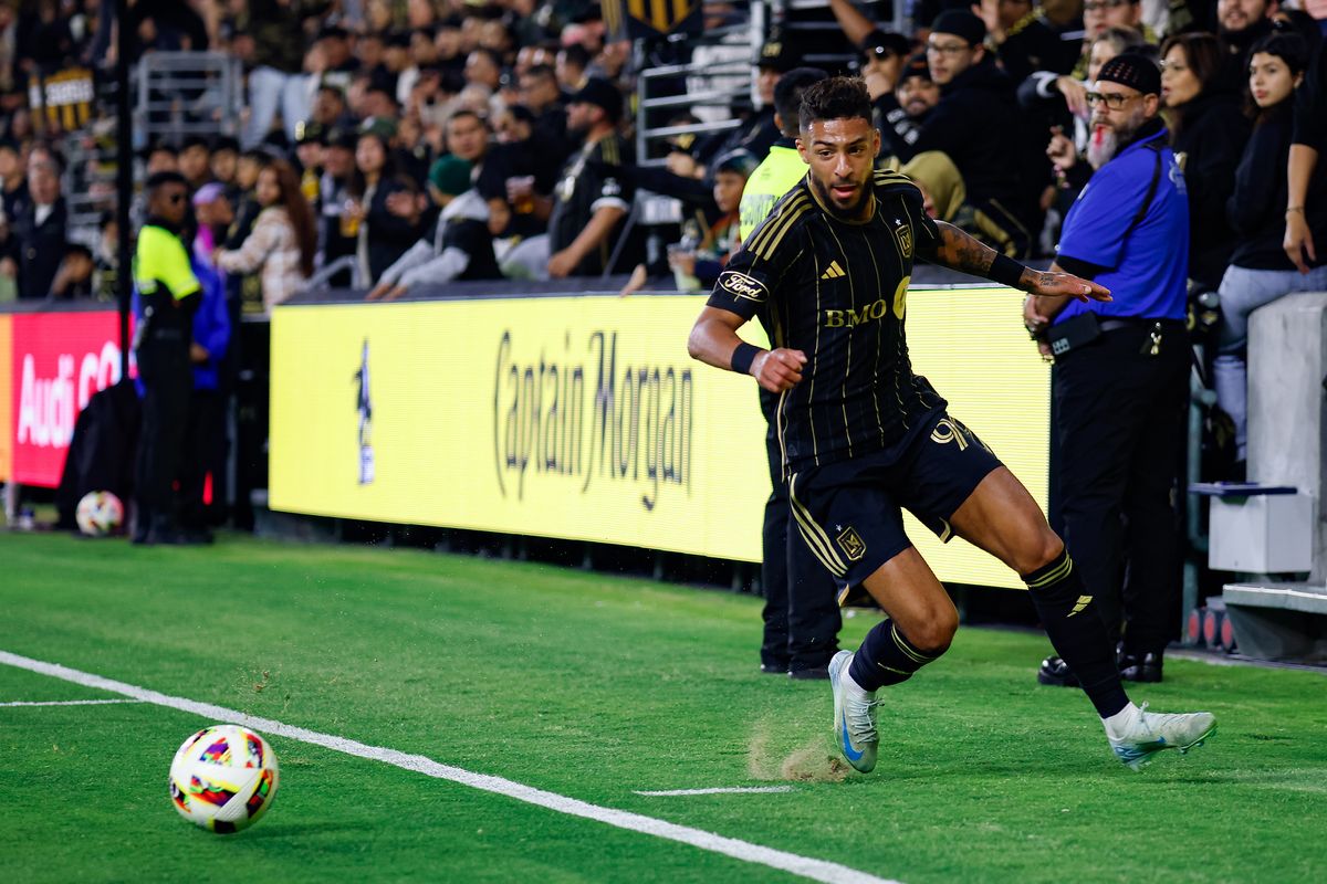 LAFC Forward Denis Bouanga (99) hustles to keep the ball inbound during match against the Vancouver Whitecaps FC on Friday, November 8, 2024 in Los Angeles, CA. 