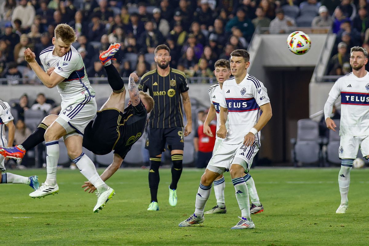LAFC Midfielder Lewis O’Brien (8) attempts a bicycle kick during match against the Vancouver Whitecaps FC on Friday, November 8, 2024 in Los Angeles, CA. 