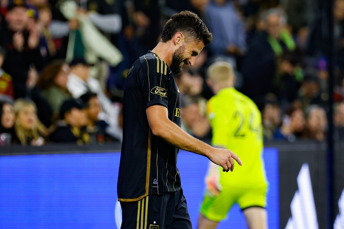 LAFC Forward Olivier Giroud (9) disappointed after a miss during match against the Seattle Sounders FC on Saturday, November 23, 2024 in Los Angeles, CA.