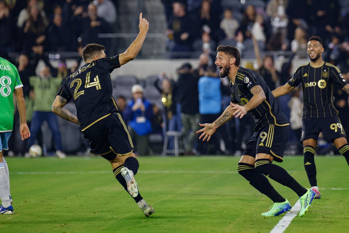 LAFC Forward Olivier Giroud (9) celebrates Ryan Hollinghead's goal during match against the Seattle Sounders FC on Saturday, November 23, 2024 in Los Angeles, CA.