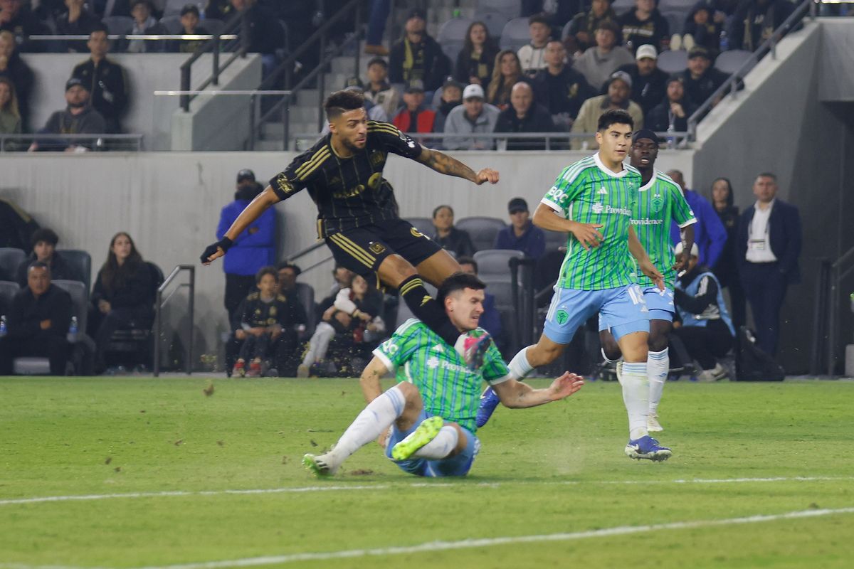 LAFC Forward Denis Bouanga (99) makes a shot on goal attempt during match against the Seattle Sounders FC on Saturday, November 23, 2024 in Los Angeles, CA.