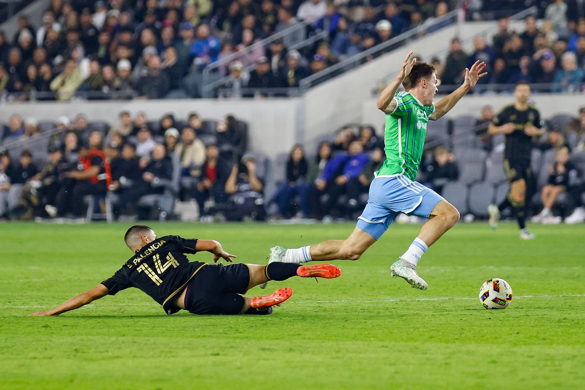 LAFC Midfielder Sergi Palencia (14) attempts to regain possession during match against the Seattle Sounders FC on Saturday, November 23, 2024 in Los Angeles, CA.