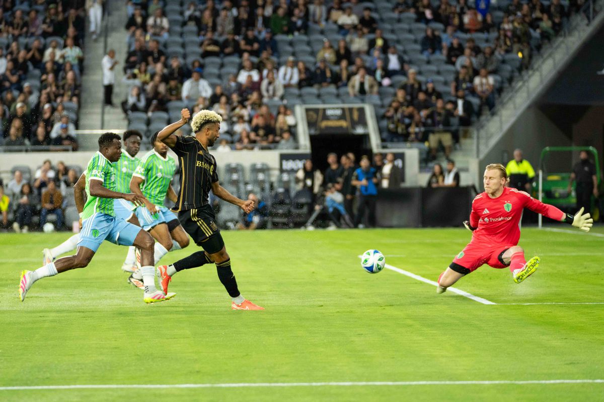 LAFC midfielder Timothy Tilman attempts to score a goal during an MLS game against the Seattle Sounders FC on Wednesday May 14th, 2025 in Los Angeles, California. 