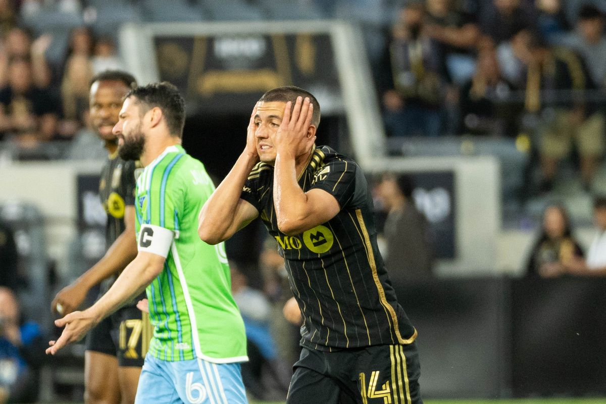 LAFC defender Sergi Palecia (14) reacts to missing a chance to score during an MLS game against the Seattle Sounders FC on Wednesday May 14th, 2025 in Los Angeles, California. 