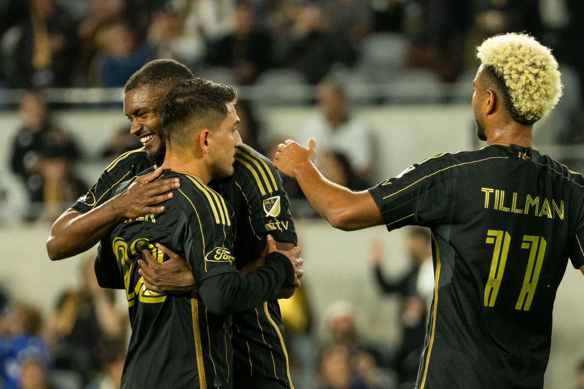 LAFC celebrates after scoring a goal during an MLS game against the Seattle Sounders FC on Wednesday May 14th, 2025 in Los Angeles, California. 