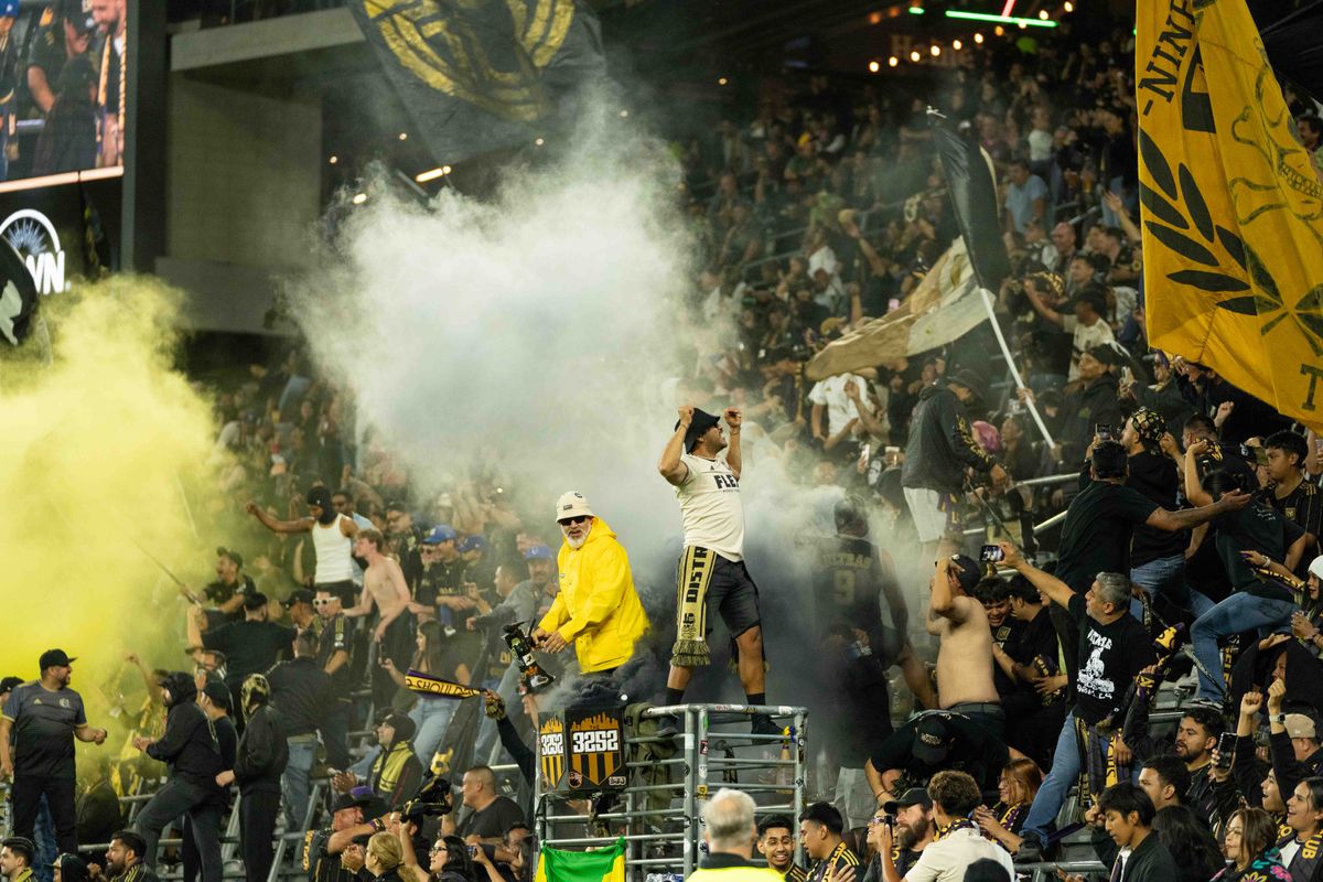 LAFC fan section celebrates after their team scored a goal during an MLS game against the Seattle Sounders FC on Wednesday May 14th, 2025 in Los Angeles, California. 
