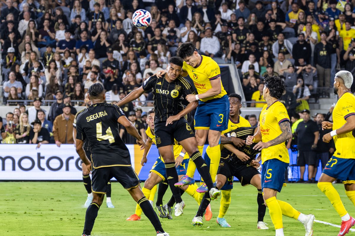 LAFC midfielder Igor Jesus (6) and Club América defender Israel Reyes (3) go for a ball during a FIFA Club World Cup play-in match, Saturday May 31, 2025 in Los Angeles, Calif.