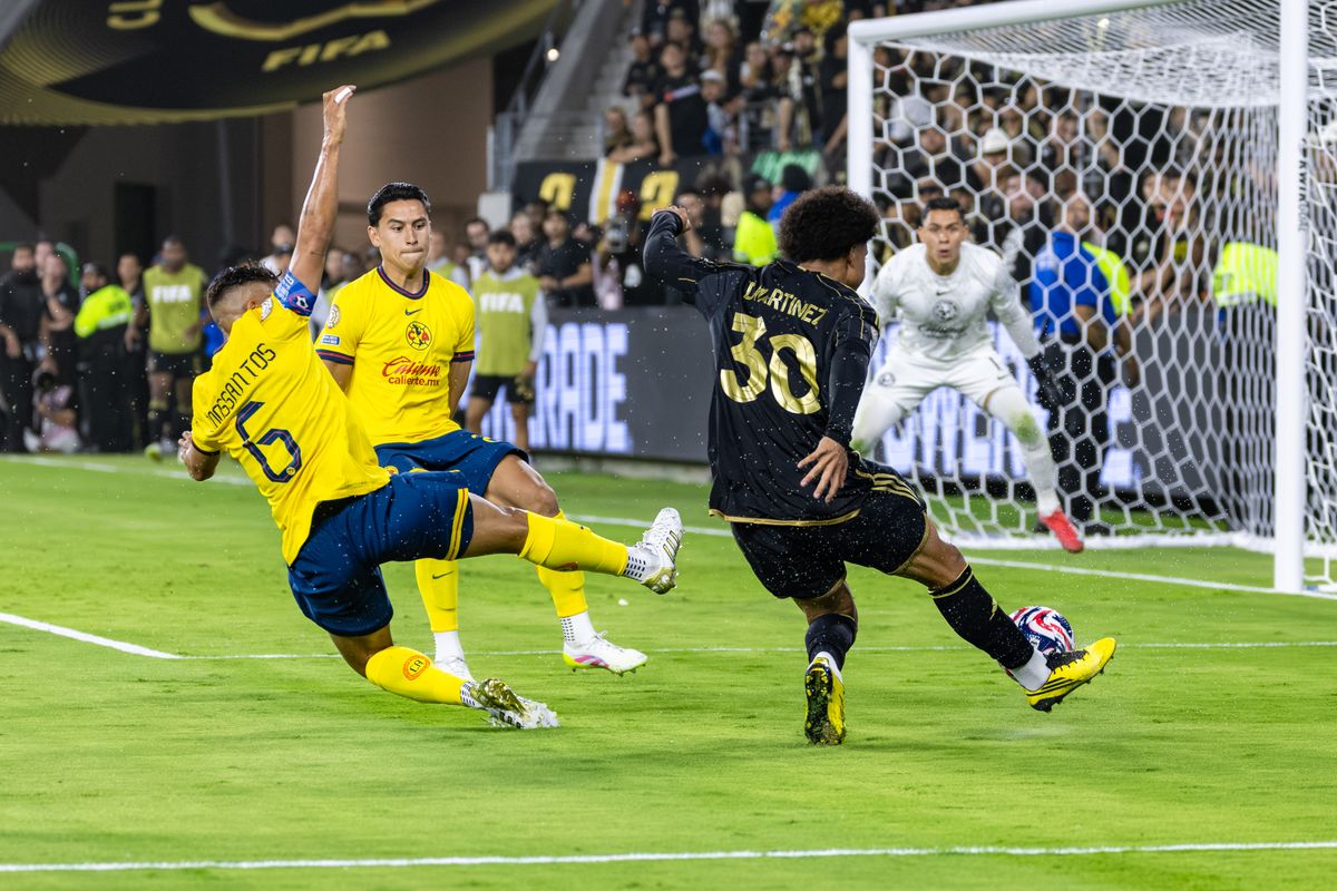 LAFC forward David Martinez (30) shoots on goal during a FIFA World Cup play-in match against Club América, Saturday May 31, 2025 in Los Angeles, Calif.