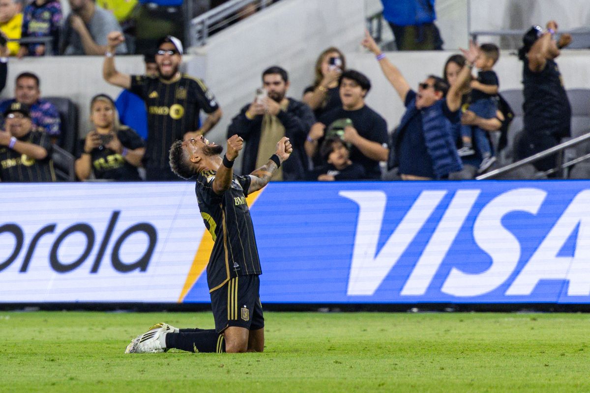 LAFC forward Denis Bouanga (99) celebrates after the FIFA Club World Cup play-in match against Club América, Saturday May 31, 2025 in Los Angeles, Calif.