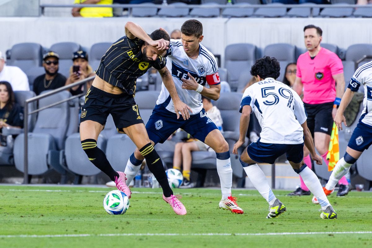 LAFC forward Olivier Giroud (9) makes a play on the ball during an MLS match against the Vancouver Whitecaps, Sunday June 29, 2025 in Los Angeles, Calif. LAFC forward Olivier Giroud (9) makes a play on the ball during an MLS match against the Vancouver Whitecaps, Sunday June 29, 2025 in Los Angeles, Calif.