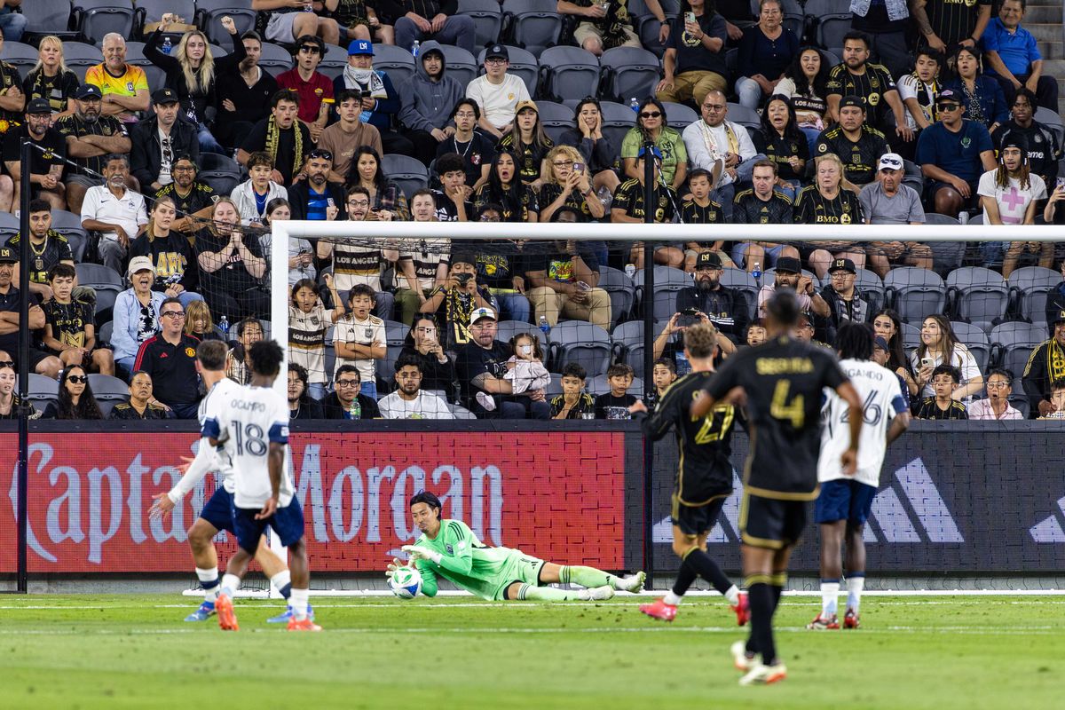 Vancouver Whitecaps goalkeeper Yohei Takaoka (1) prevents the tying goal during an MLS match against LAFC, Sunday June 29, 2025 in Los Angeles, Calif. Vancouver Whitecaps goalkeeper Yohei Takaoka (1) prevents the tying goal during an MLS match against LAFC, Sunday June 29, 2025 in Los Angeles, Calif.